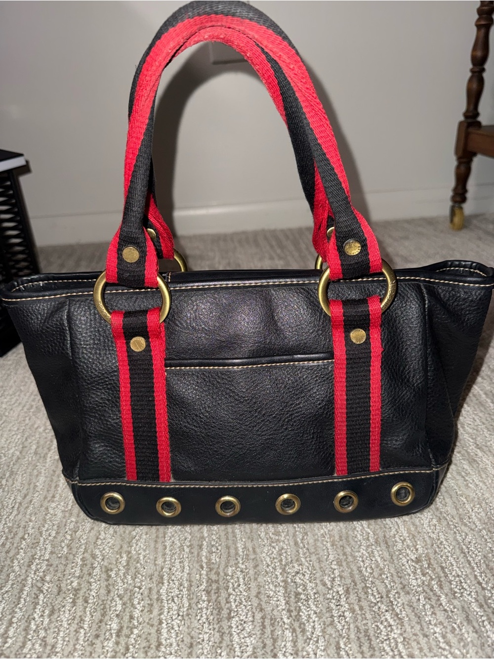 Vintage Leather Tommy Hilfiger Black Handbag with Red and Black Straps